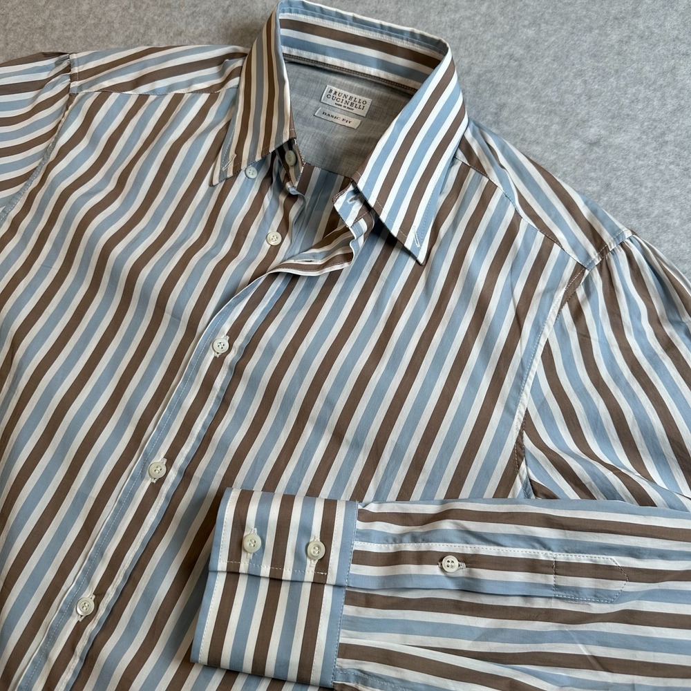Brunello Cucinelli Basic Fit Shirt Mens S Blue Brown Stripe Button Front Italy